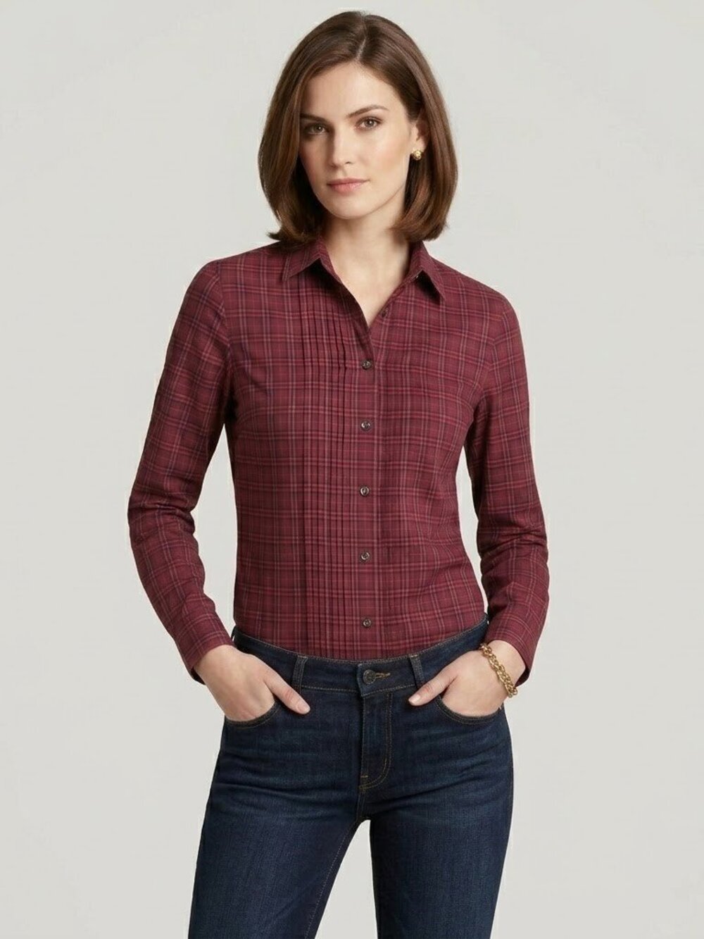 Burberry London Women's Blouse Shirt Red Check Long Sleeve Button Up Cotton Sz S